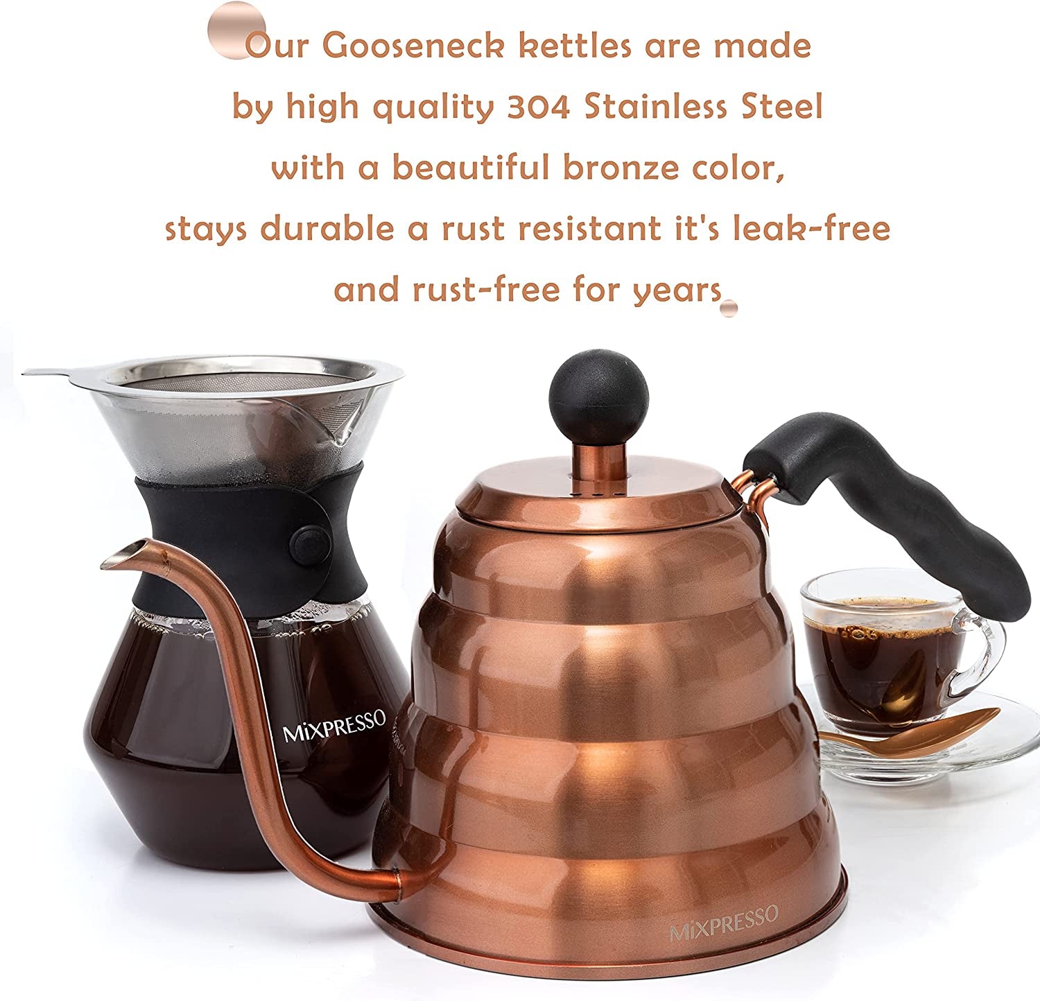 Gooseneck Pour over Coffee Kettle, Barista Pour Control Design for Coffee & Tea High-Grade Stainless Steel 1.2 Liter (40 Oz) Drip Coffee Induction Cooker, Copper Stovetop Kettle