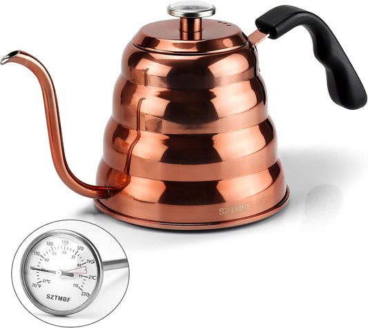 Pour over Coffee Kettle - Gooseneck Kettle with Thermometer - Stainless Steel Stovetop Gooseneck Tea Kettle,Premium Quality Camping Coffee Pot for Gas/ Induction,40 Floz/1200Ml (Copper Coated)