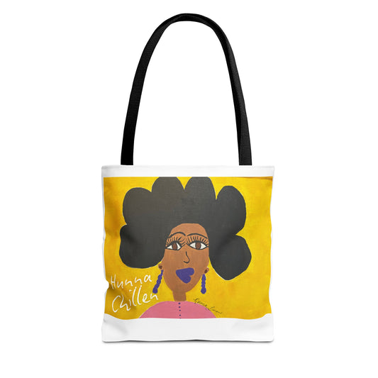 Black African American Women with natural hair and purple assessories on tote back with black handle.