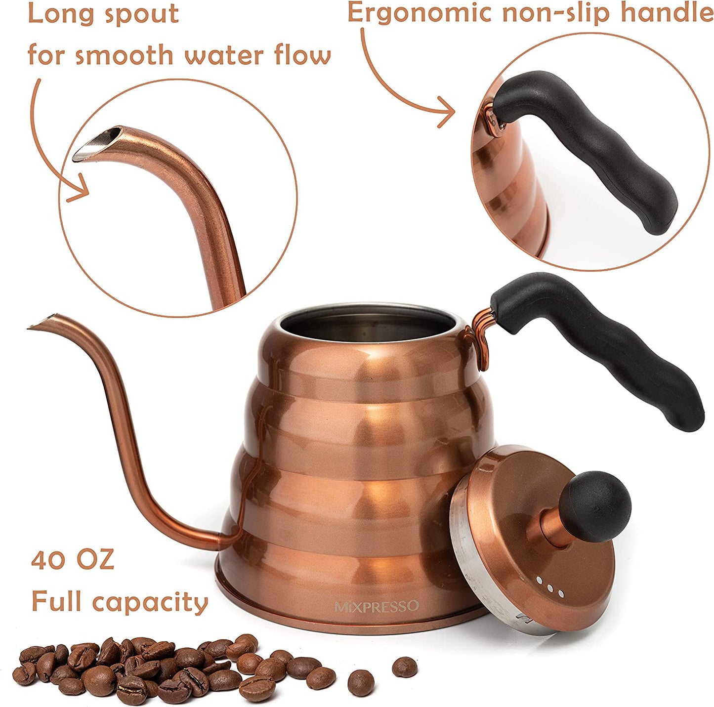 Gooseneck Pour over Coffee Kettle, Barista Pour Control Design for Coffee & Tea High-Grade Stainless Steel 1.2 Liter (40 Oz) Drip Coffee Induction Cooker, Copper Stovetop Kettle