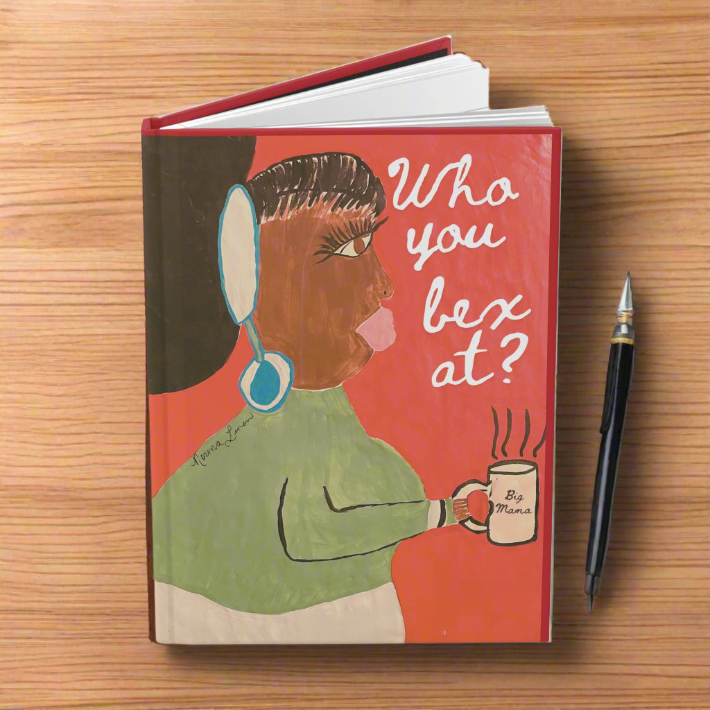 grandma holding coffee cup on cover of journal