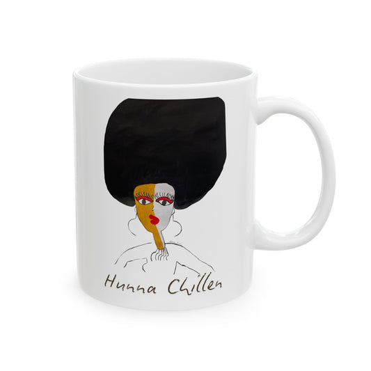 ceramic 11 oz mug with original gullah folk art of woman with natural hair and geechee phrase