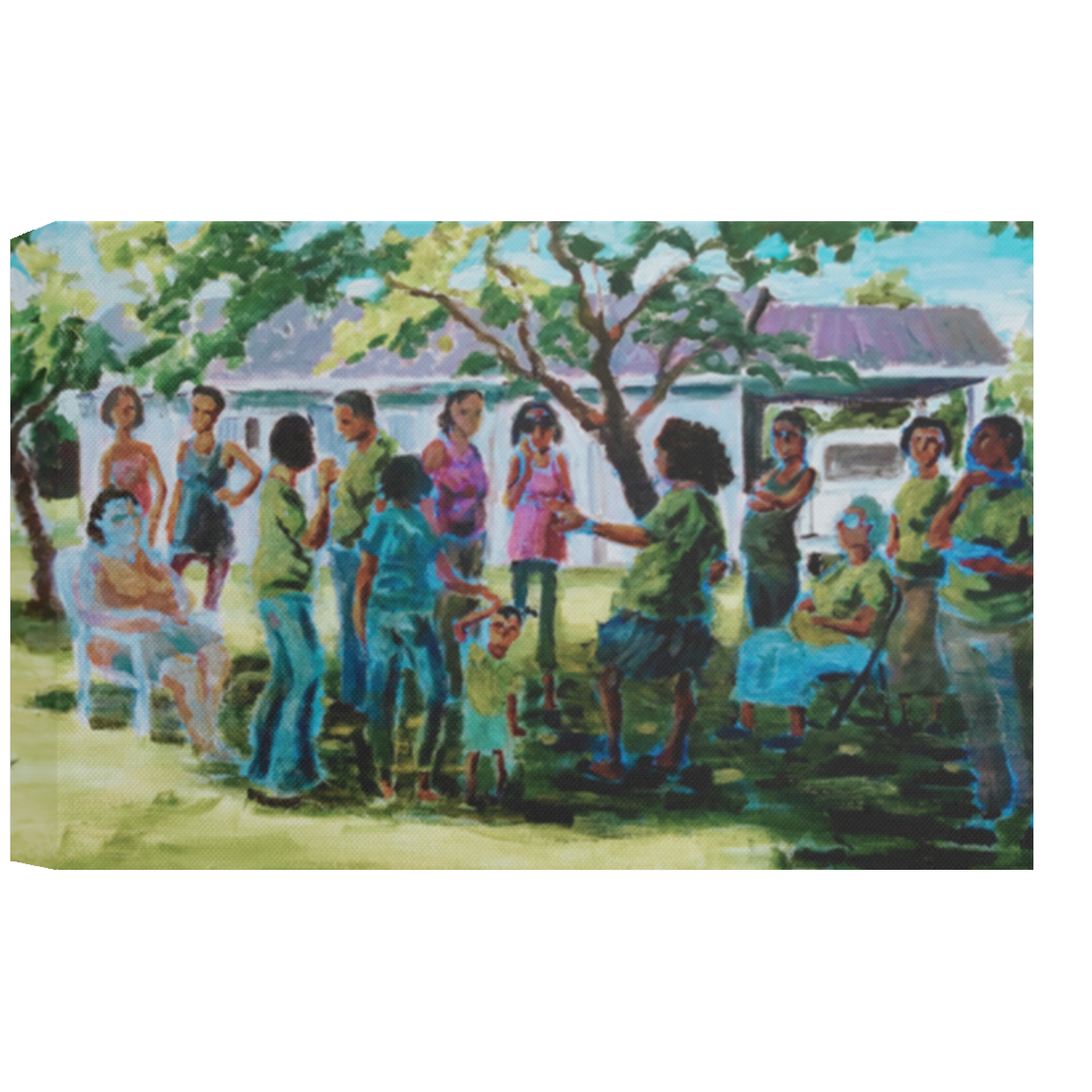 Black African American group of women chatting in the shade of an oak tree on the lawn of a small home.