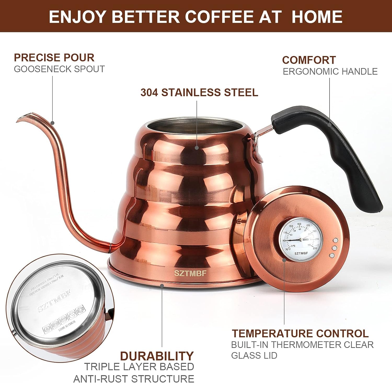 Pour over Coffee Kettle - Gooseneck Kettle with Thermometer - Stainless Steel Stovetop Gooseneck Tea Kettle,Premium Quality Camping Coffee Pot for Gas/ Induction,40 Floz/1200Ml (Copper Coated)