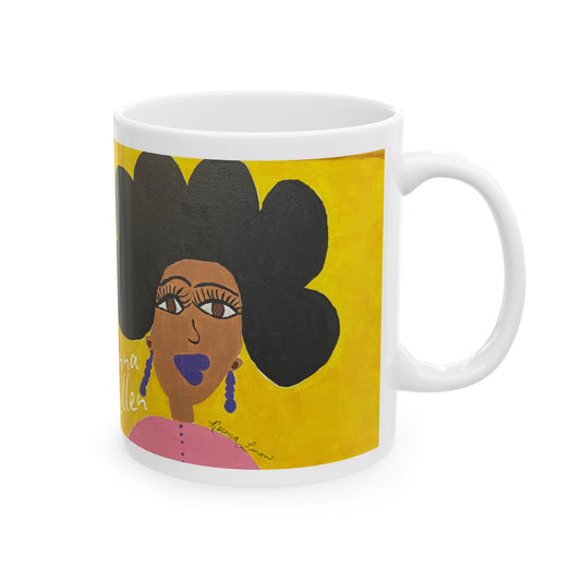 ceramic 11 oz mug with original gullah folk art of two woman with natural hair and geechee phrase