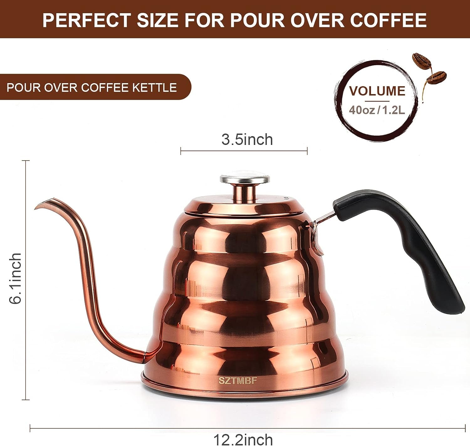 Pour over Coffee Kettle - Gooseneck Kettle with Thermometer - Stainless Steel Stovetop Gooseneck Tea Kettle,Premium Quality Camping Coffee Pot for Gas/ Induction,40 Floz/1200Ml (Copper Coated)