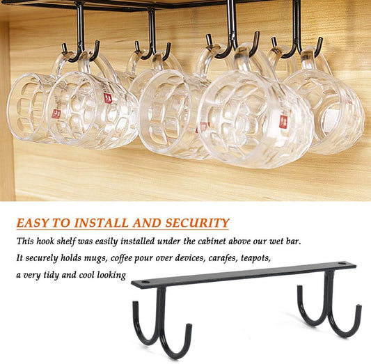 L 4 Pack Mugs Hooks under Cabinet Mug Rack, Coffee Cups Holder, Mugs Drying Racks, Mug Organizer Rack Cup Holder under Shelf 12 Hanging Hooks Rack for Mugs, Coffee Cups and Kitchen Utensils