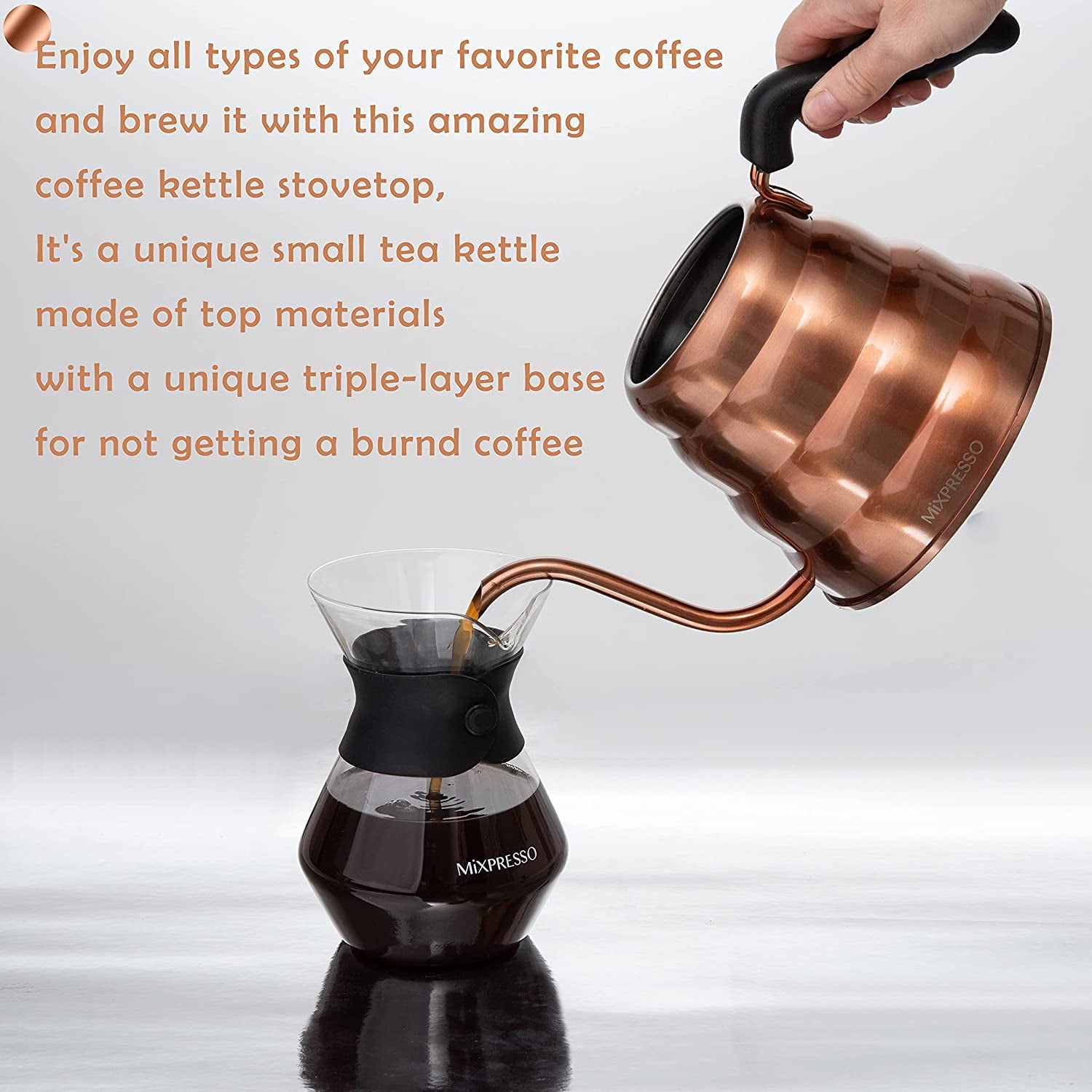 Gooseneck Pour over Coffee Kettle, Barista Pour Control Design for Coffee & Tea High-Grade Stainless Steel 1.2 Liter (40 Oz) Drip Coffee Induction Cooker, Copper Stovetop Kettle