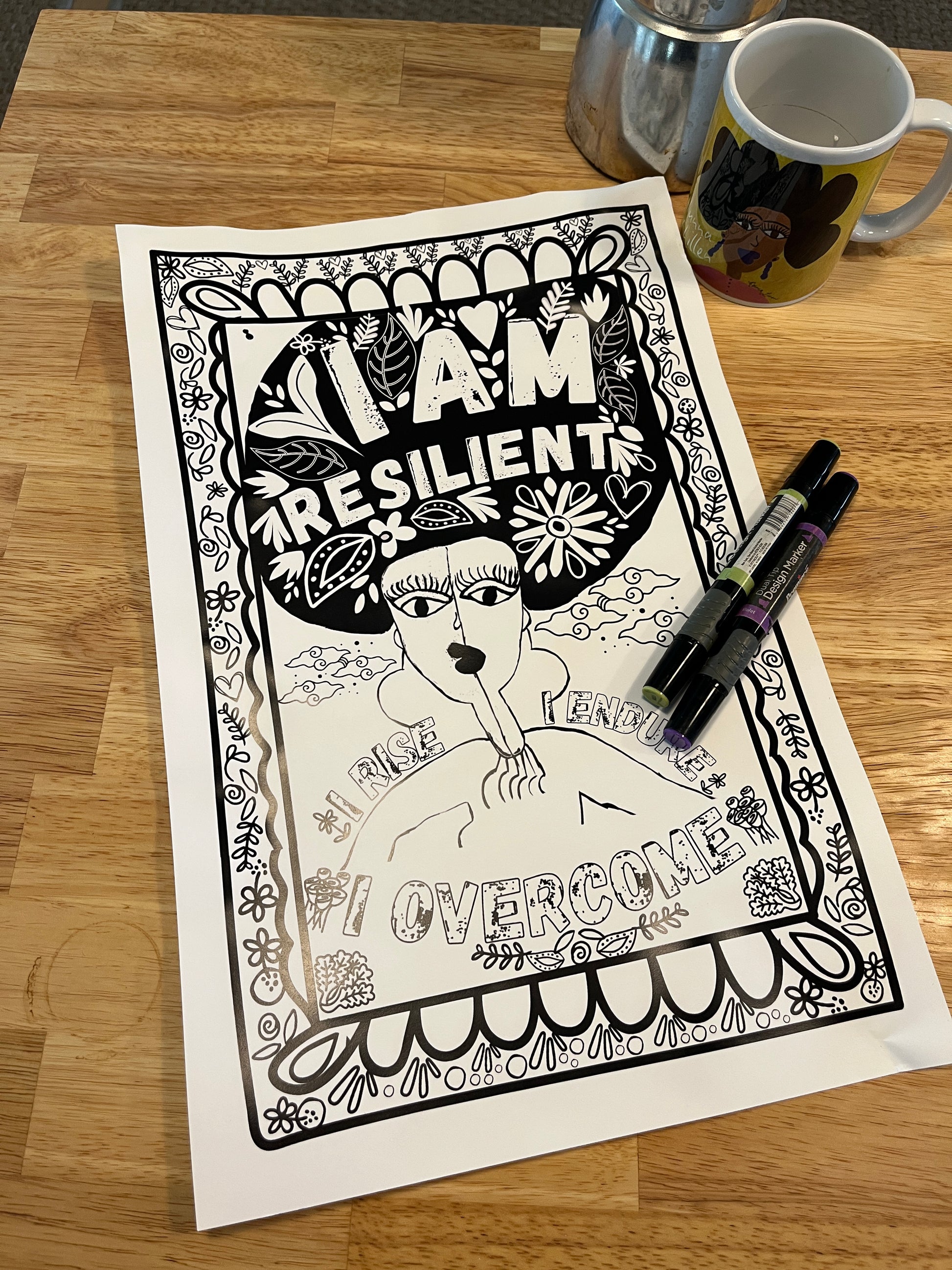 gullah folk art coloring poster natural hair black woman affirmation quote