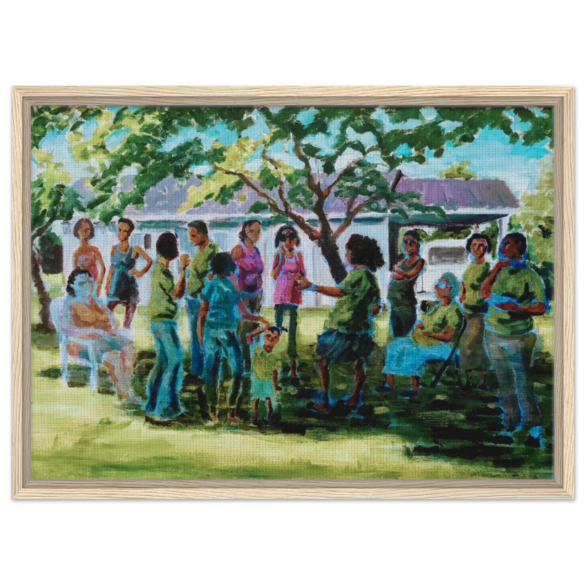 framed canvas painting of multicultural women on gree lawn in front of white house